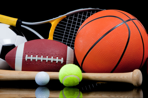 Sports equipment, bassketball, football, tennisball, bat